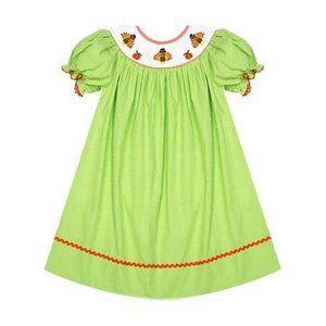 Beautiful Smocked Girl's Lime Green Gingham Thanksgiving Turkey Bishop Dress